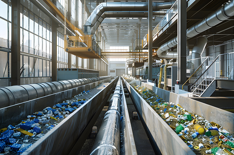 Modern recycling facility with conveyor belts and bins full of plastic waste, showcasing sustainable waste management practices.